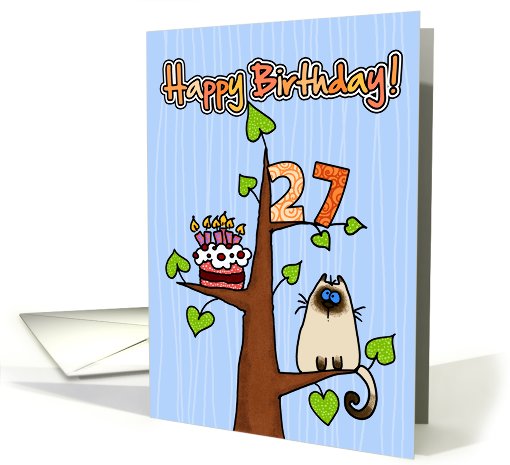 Happy Birthday - 27 years old - Kitty and Cake in tree card (827572)