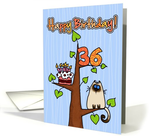 Happy Birthday - 36 years old - Kitty and Cake in tree card (827777)