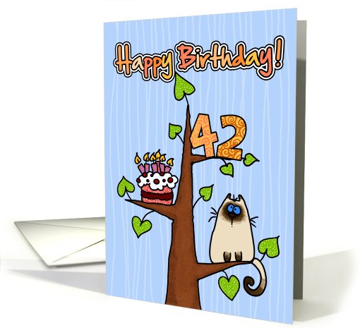 Happy Birthday - 42 years old - Kitty and Cake in tree card (830112)