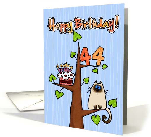 Happy Birthday - 44 years old - Kitty and Cake in tree card (830114)