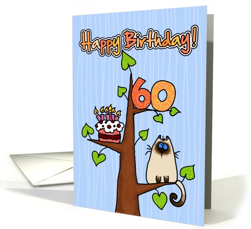 Happy Birthday - 60 years old - Kitty and Cake in tree card (830132)