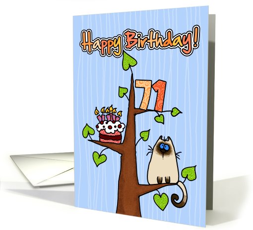 Happy Birthday - 71 years old - Kitty and Cake in tree card (830462)