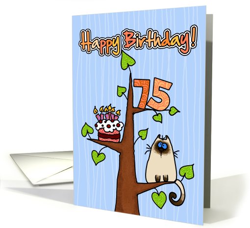 Happy Birthday - 75 years old - Kitty and Cake in tree card (830467)