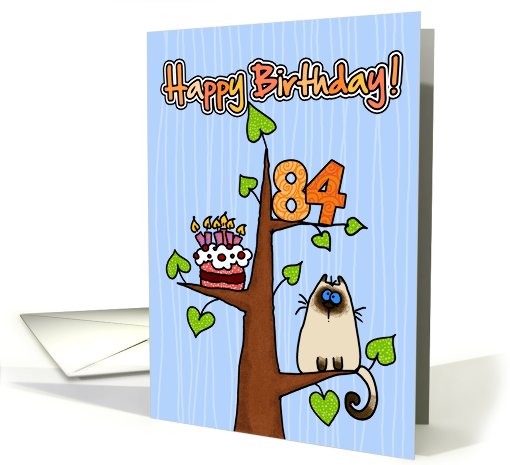 Happy Birthday - 84 years old - Kitty and Cake in tree card (831075)