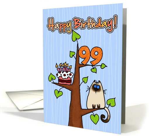 Happy Birthday - 99 years old - Kitty and Cake in tree card (833185)