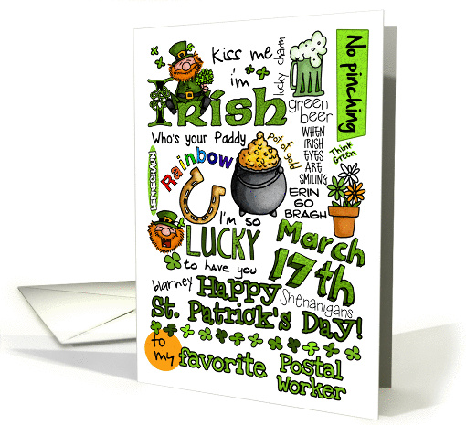 Happy St. Patrick's Day Word Art - to favorite Postal Worker card