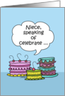 Happy Birthday to Niece- Three Whimsical Cakes with Speech Bubble card