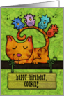 Customizable Birthday for Cousin Kitty and Birds in Tree with Sign card