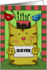 Personalized Birthday for Sister Kitty with Cake and Birds on Head card