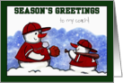 Customizable Season’s Greetings to Coach Snowmen Baseball Christmas card