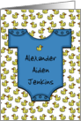 Customizable New Baby Boy Announcement Blue Onesie with Ducks card