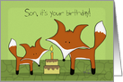 Customizable Happy Birthday for Son -Two Foxes with Birthday Cake card