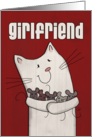 Happy Birthday Girlfriend- White Barn Cat Holding Mice card