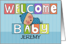 Personalized Name Welcome Baby Boy Colorful Blocks and Sleeping Baby card