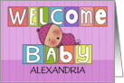 Personalized Name Welcome Baby Girl Colorful Blocks and Sleeping Baby card