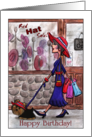 Happy Birthday Lady in Red Hat Shopping with Yorkie card
