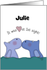 Customizable Name Happy Anniversary for Wife Julie Kissing Hippos card