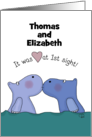 Customizable Names Happy Anniversary for Couple Kissing Hippos card