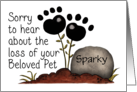 Customizable Name Pet Sympathy Paw Print Flowers and Gravestone card