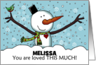 Snowman with Outstretched Limbs Personalized Name Melissa Christmas card