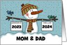 Snowman with Signs Customizable New Year’s 2024 Mom and Dad card