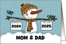 Snowman with Signs Customizable New Year’s 2024 Mom and Dad card