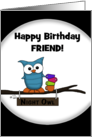 Owl With Empty Coffee Cups Customizable Happy Birthday to Friend card