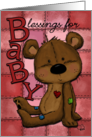 Congratulations on New Baby Girl Toy Bear against Pink Blocks Blanket card