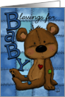 Congratulations on New Baby BoyToy Bear against Blue Blocks Blanket card