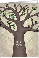 Customizable Initials Anniversary Tree with Birds Carved Initials card