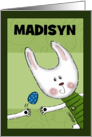 Customizable Name Happy Easter for Madisyn Bunny Rabbit Catches Egg card