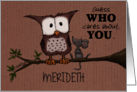 Customizable Name Happy Birthday for Merideth Owl and Mouse card