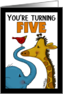 Happy Birthday for Five Year Old Elephant Giraffe and Bird card