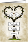 Customizable Names Happy Anniversary Love Doves in Heart Tree card