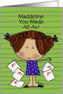 Customized Name Maddeline Congratulations Getting All As Litle Girl card
