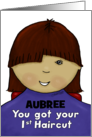 Customize Name Aubree Congratulations First Haircut Little Girl Red card