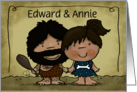 Customizable Names Happy Anniversary Humor Caveman and Woman Couple card