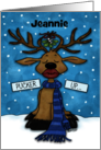 Customized Name Merry Christmas Reindeer Under Mistletoe Pucker Up card