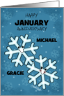 Customizable Happy January Anniversary Snowflake Character Couple card