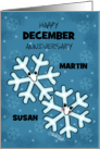Customizable Happy December Anniversary Snowflake Character Couple card