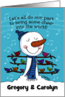 Customizable Names Gregory Carolyn Happy New Year Snowman with Birds card