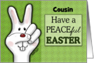Customizable Happy Easter for Cousin Peace Sign Bunny Face card