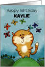 Customized Birthday for Kaylie Cat and Rainbow of Butterflies card