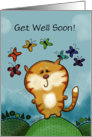 Customized Get Well Soon Cat and Rainbow of Butterflies card