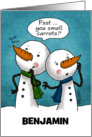 Customized Name Humorous Merry Christmas Snowman Smells Carrots card