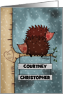Customized Names Happy Anniversary Hedgehogs in Tree Stuck Together card