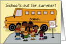 Last Day of School Summer Vacation Children and Bus at Bus Stop card