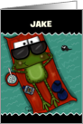 Customizable Name Hoppy Birthday for Jake Frog on Pool Float card