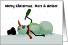 Customized Merry Christmas for Matt and Amber Snowman Frozen Margarita card