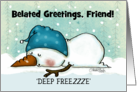 Customizable Belated Happy Christmas Friend Sleeping Snowman card